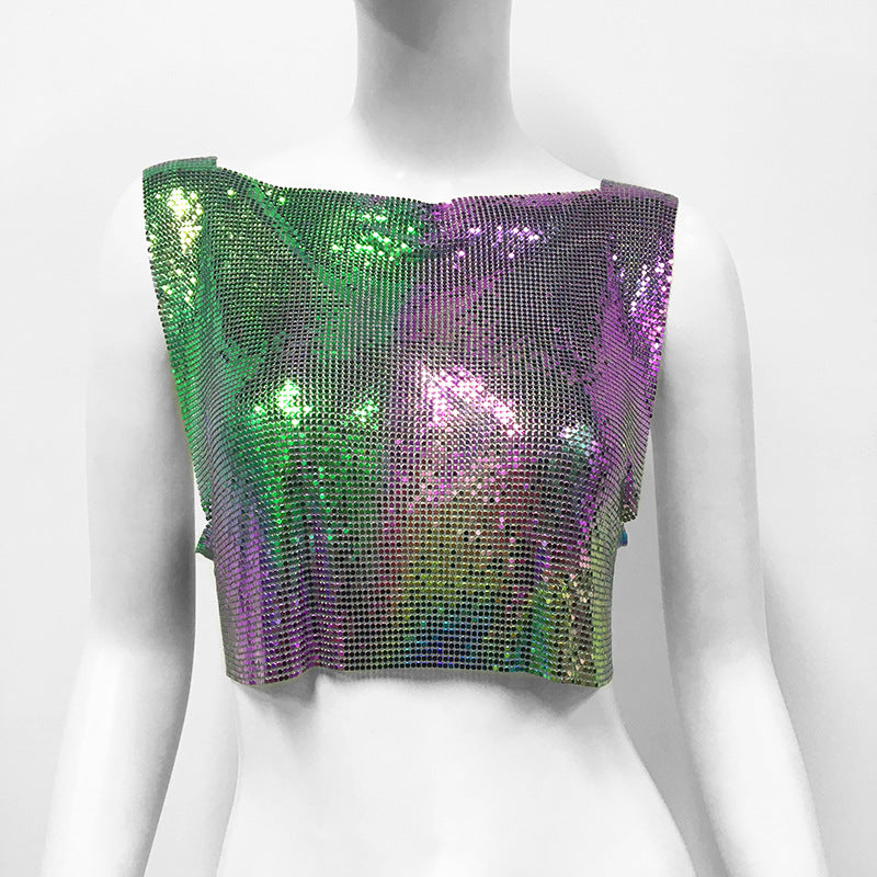 Summer Fashion Womens Metallic Halterneck T-shirt From Europe And The US