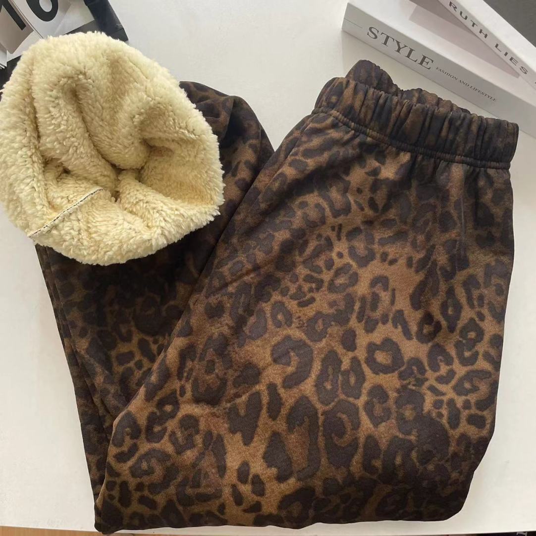 Winter Christmas Leopard-Print Shearling Plaid Pants