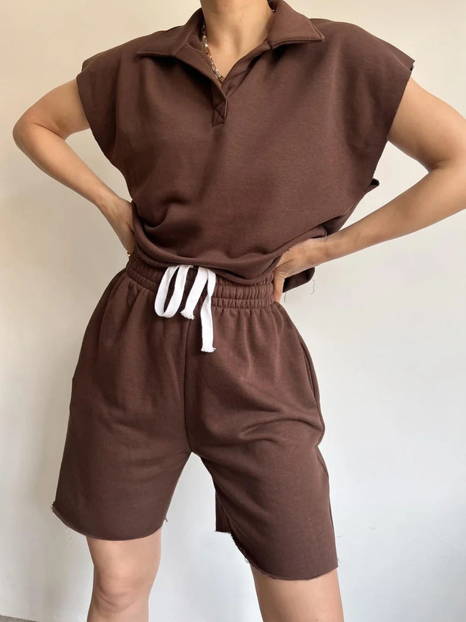 Lapel-collar Full-sleeve Loose Top And Drawstring Shorts Set