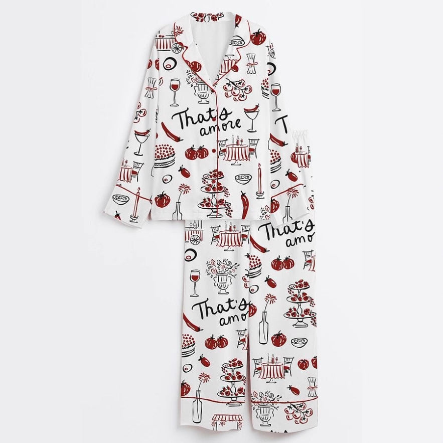 Fashionable Long-sleeve Printed Lapel Loungewear Pajamas