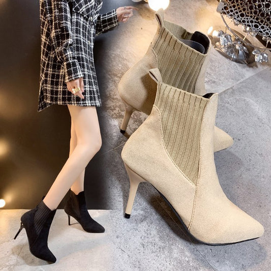 Women's High-heeled Stiletto Point-toe Stretch Martin Boots