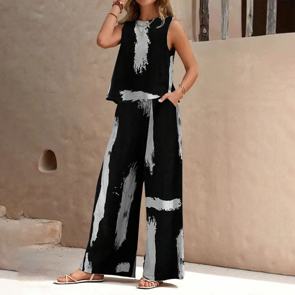 Womens Round-Neck Striped Printed Topless Top And Pants Two-Piece Set
