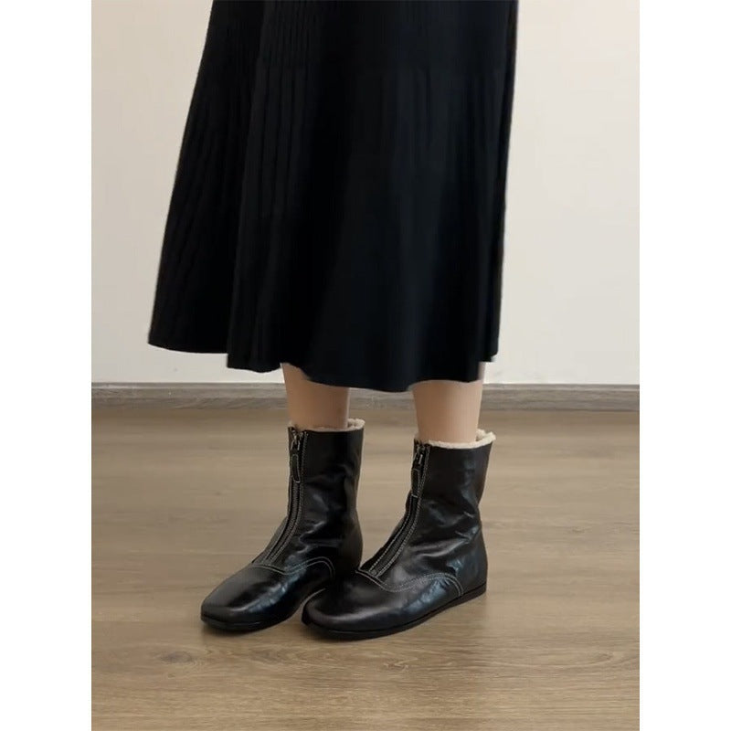 Womens Fleece-Lined Dr Martens-Style Boots With Front Zipper, All-Match Style