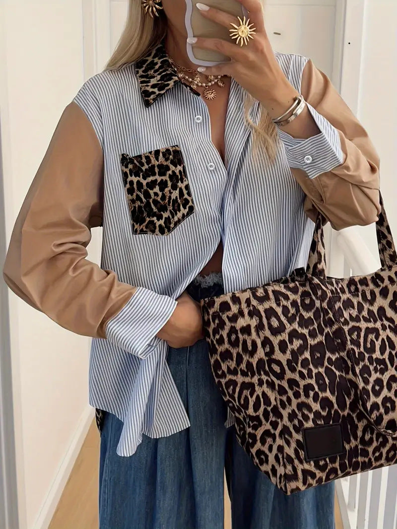 Dame Løs Leoprint Patchwork Stribet Skjorte