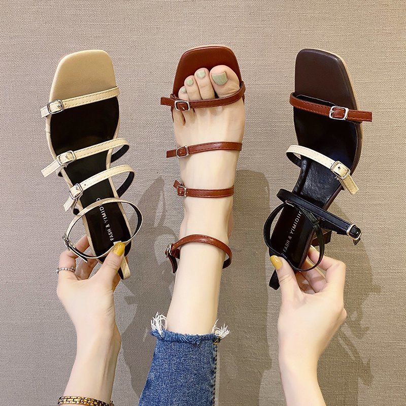 Fashion Retro Word Belt Summer Thick Heel Women Sandals