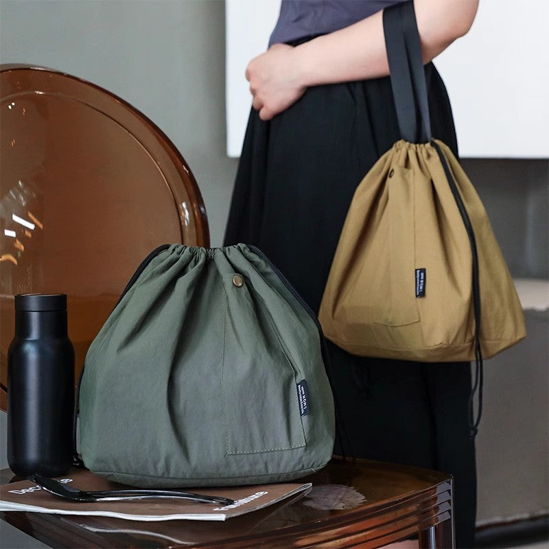 Waterproof Korean Style Large Solid Color Portable Drawstring Double-layer Lunch Bag For Students
