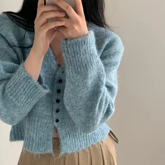 Retro V-neck Mixed Cashmere Long-sleeved Knitted Sweater Coat