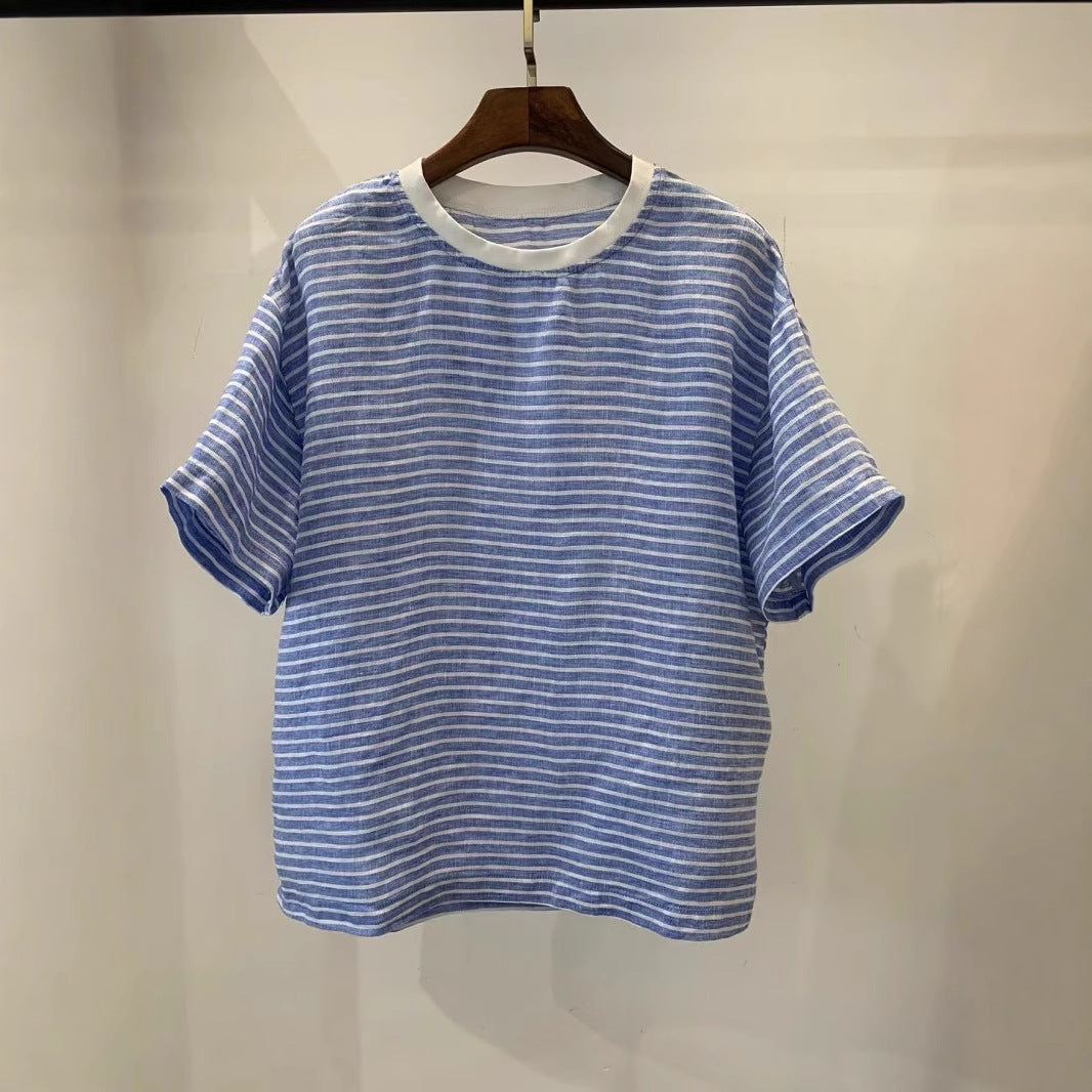 Artistic-style Blue-striped Loose-fitting Women's Top