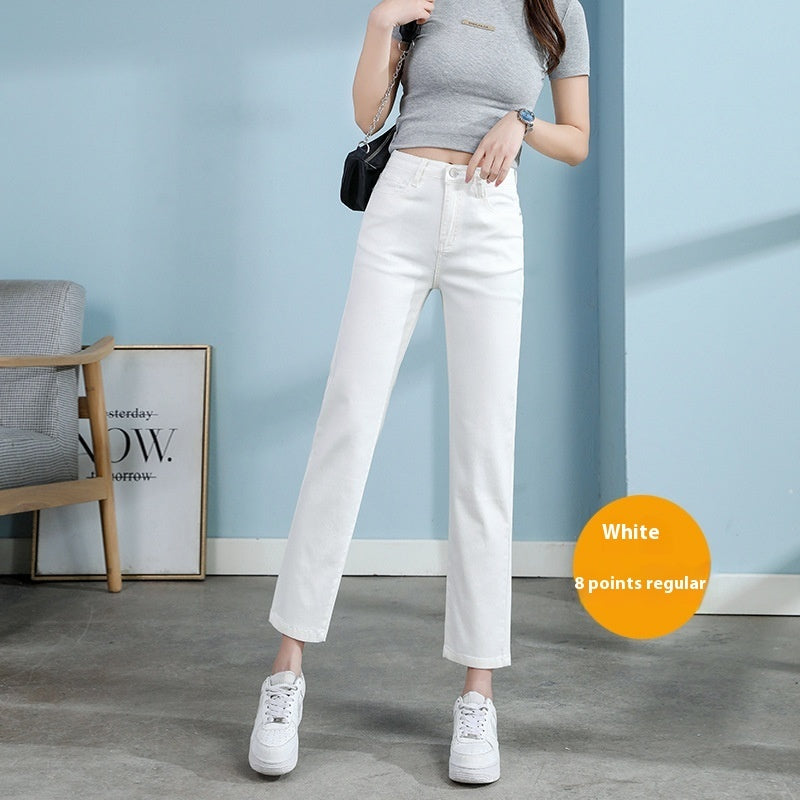 Hvide Jeans Koreansk Stil Højtaljede Stræk Cigaretbukser Små Cropped Straight Bukser
