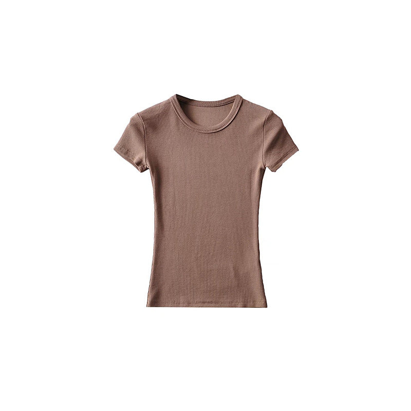 Basic Style Round Neck Tight Stretch Solid Color Short Sleeve T-shirt Top