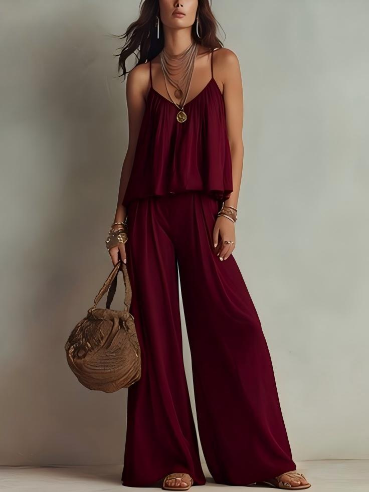 French-style Minimalist Slip Top And Wide-leg Pants Two-piece Set For Women
