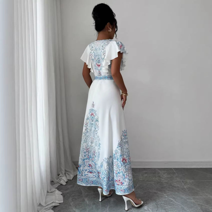 Stand-up Collar Double-breasted Front Lantern Sleeves Printed Long Dress With Lace Trim