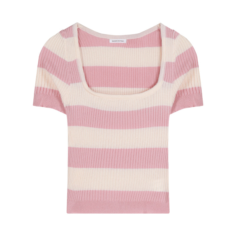 Women's Summer Ice Silk Striped Short Sleeve Knitted Sweater