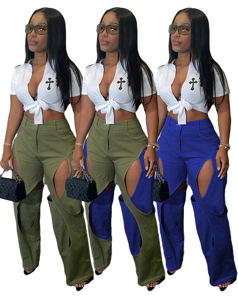 Contrasting Color Thread Stitching Hollow-out Casual Pants