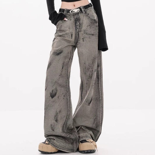 Retro Vasket Jordfarvet Tie-dye Wide-leg Jeans til Kvinder
