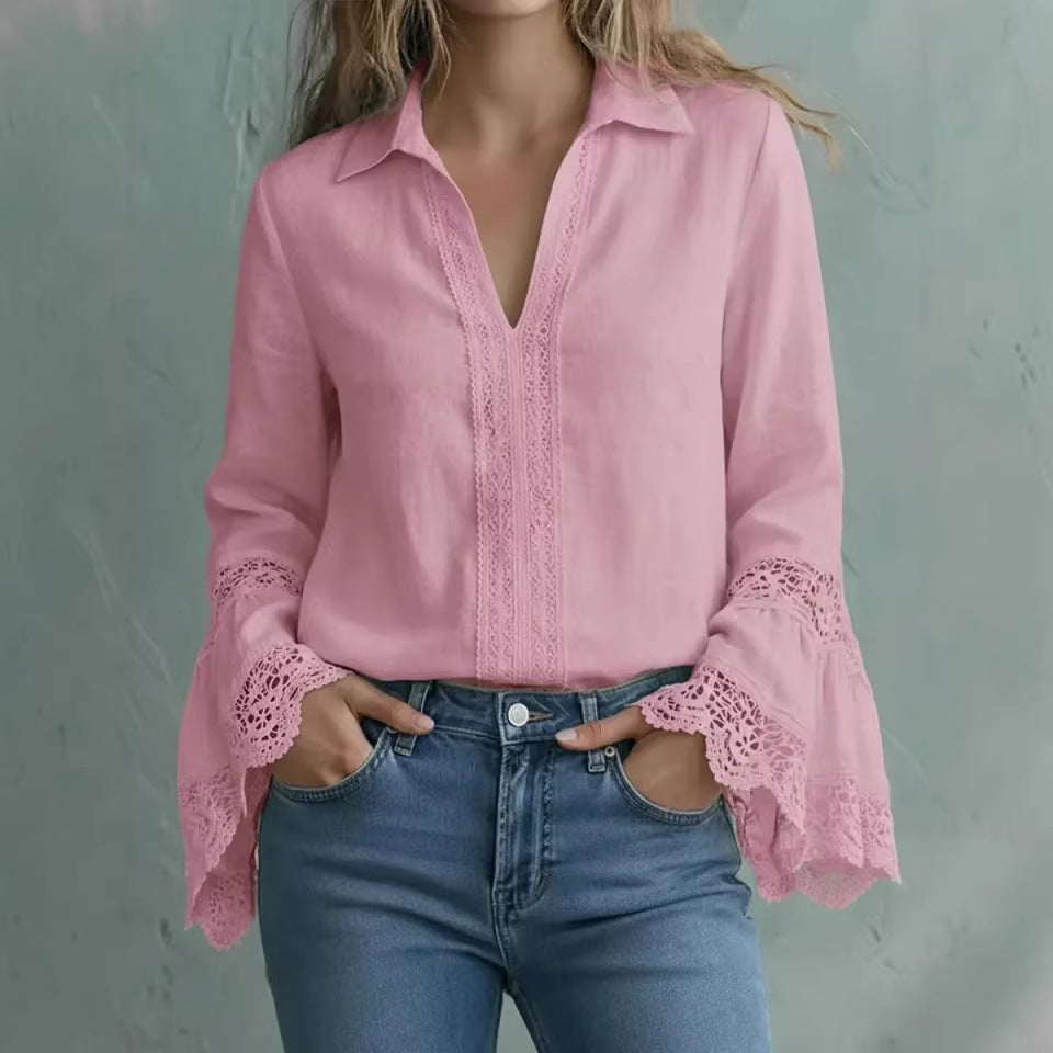 Elegant Bomuldsbluse Med Blondekant Og Pullover-Design
