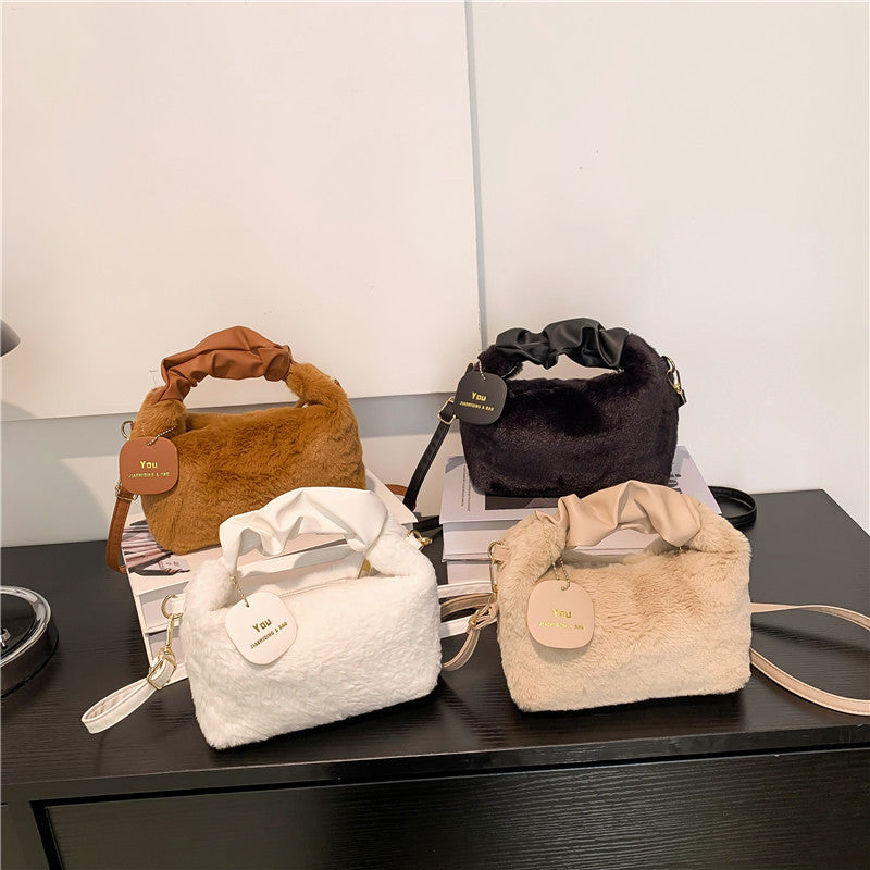Plush Pleated Handbag Women's One Shoulder Crossbody Bag