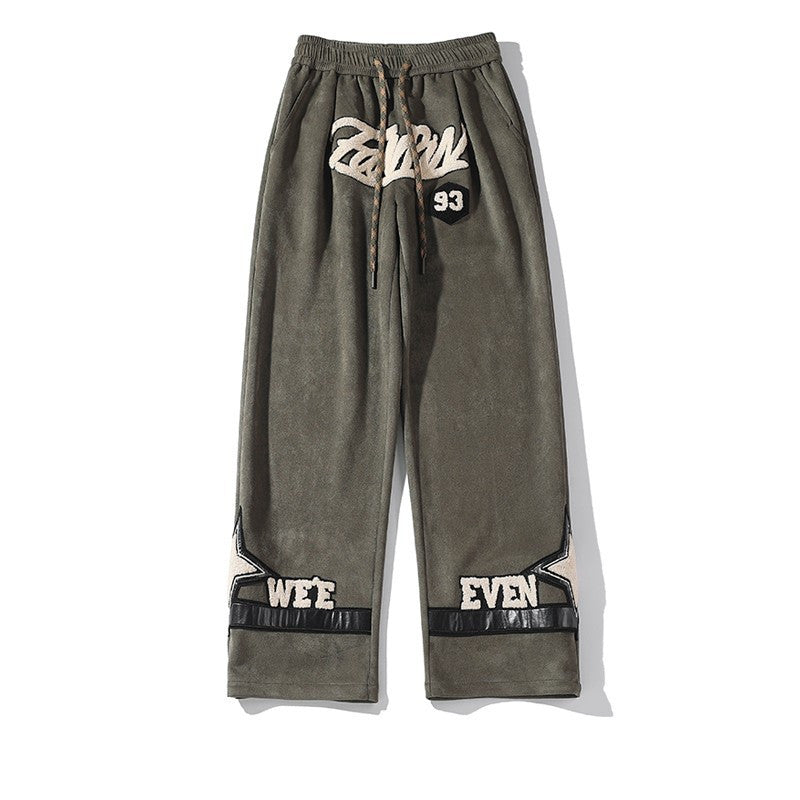 Hong Kong Style Large Size Suede Trousers With Straight Leg