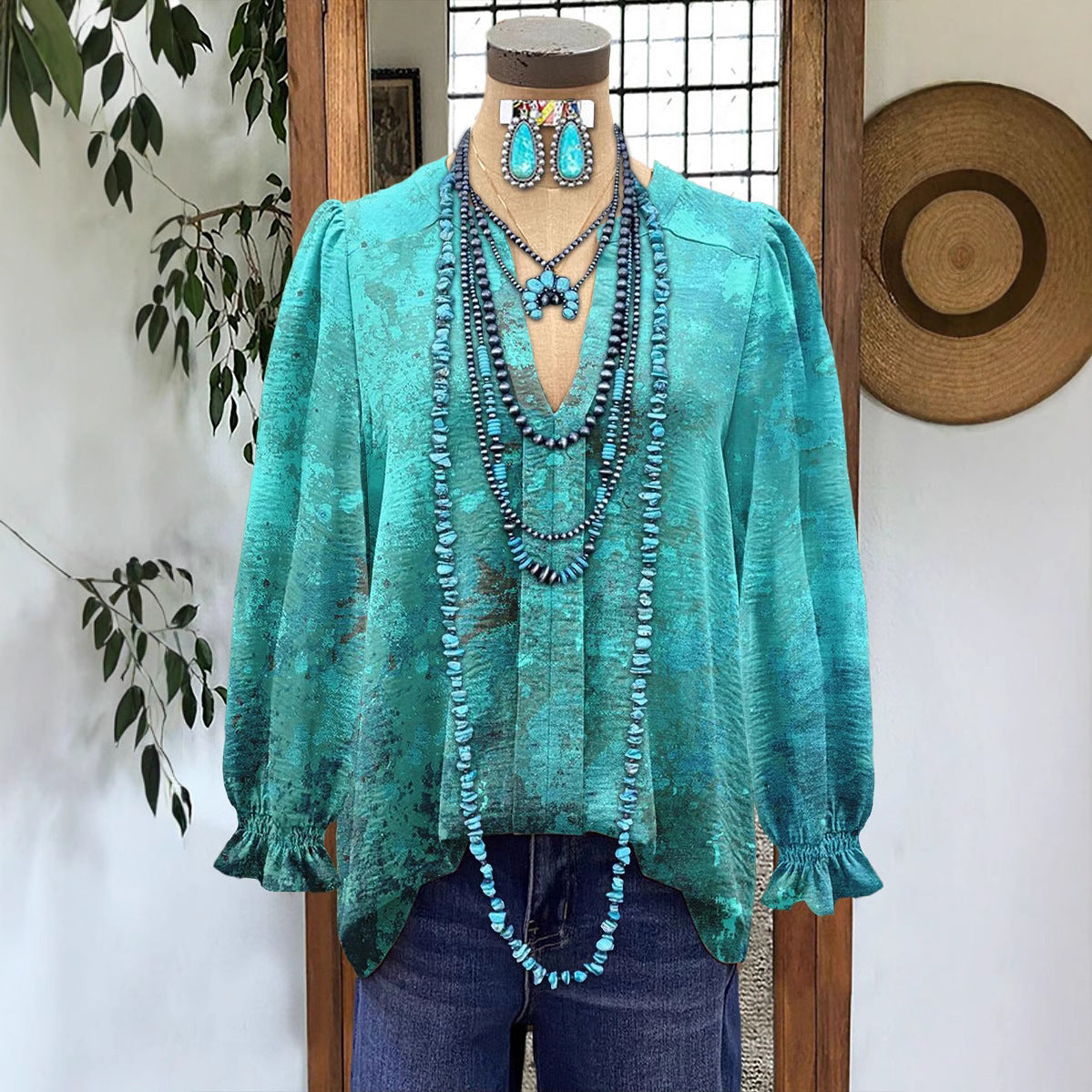 Women's Shirt Loose V-Neck Long Sleeve