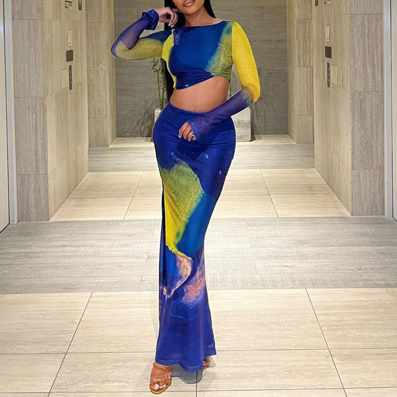 Printed Tight Skirt Suit Bell Sleeve Pleated Short Top