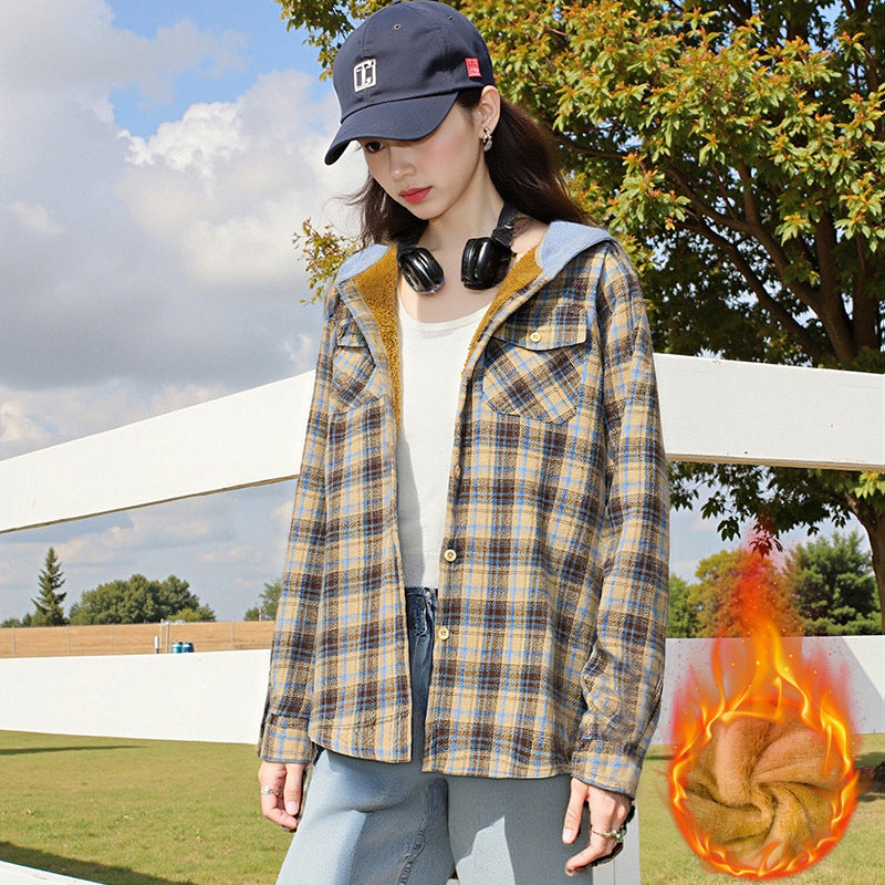 Casual And Loose Hooded Plaid Shirt Top For Women