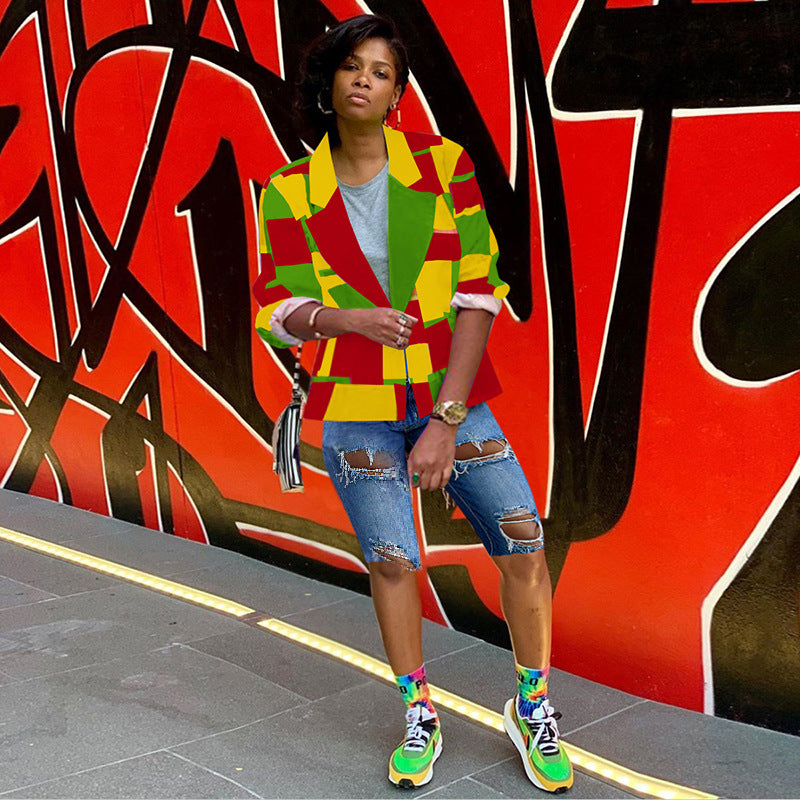 Casual Women's Clothing Multi-color Blocks Plaid Blazer