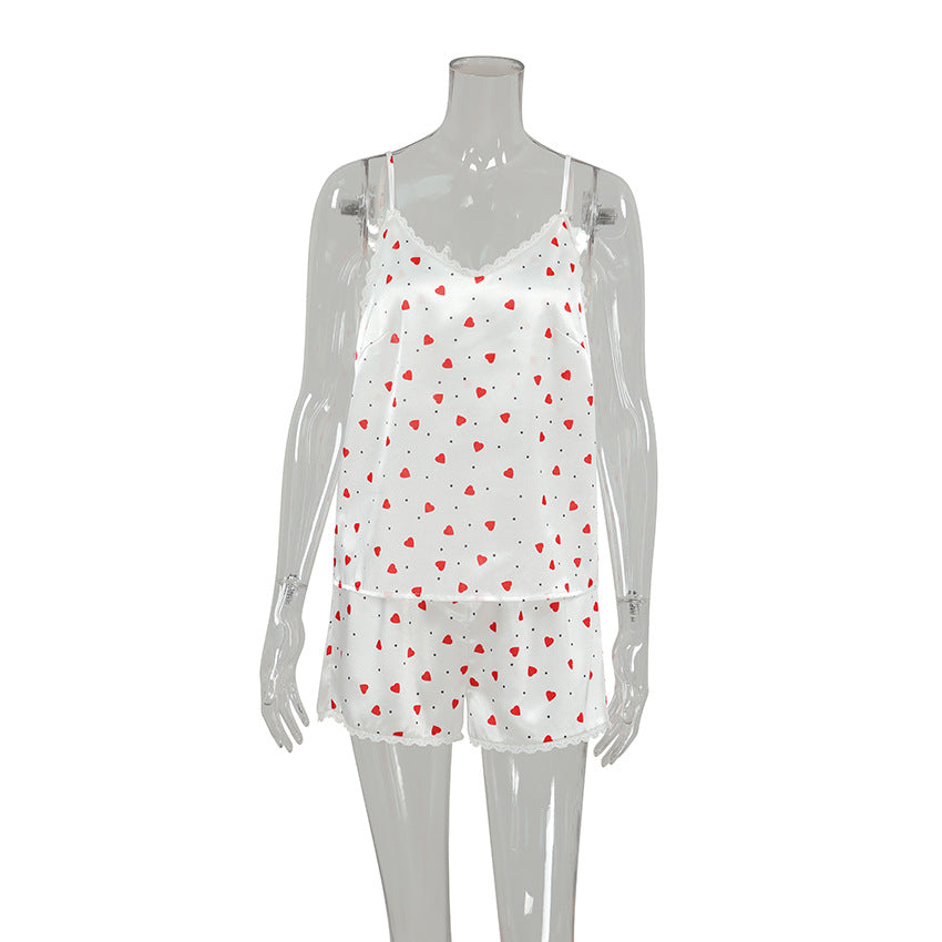 Cool-feel Pajamas With Heart-printed Lace Straps