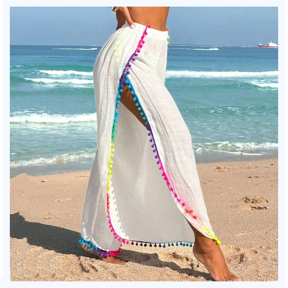 Colorful Tassel-patched Loose Asymmetrical Beach Pants