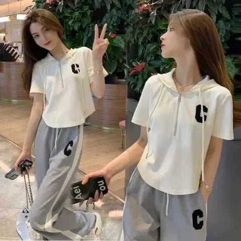 Oversized Loose Hooded Short-sleeve Fashion Two-piece Set
