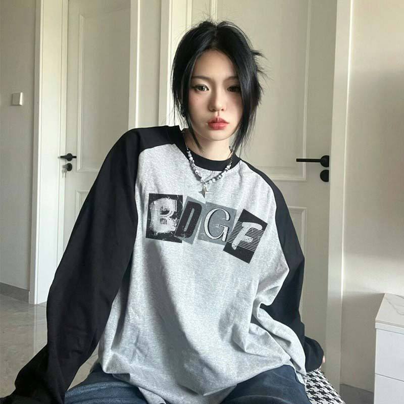Female Black And Gray American-style Long-sleeved T-shirt Oversize Top