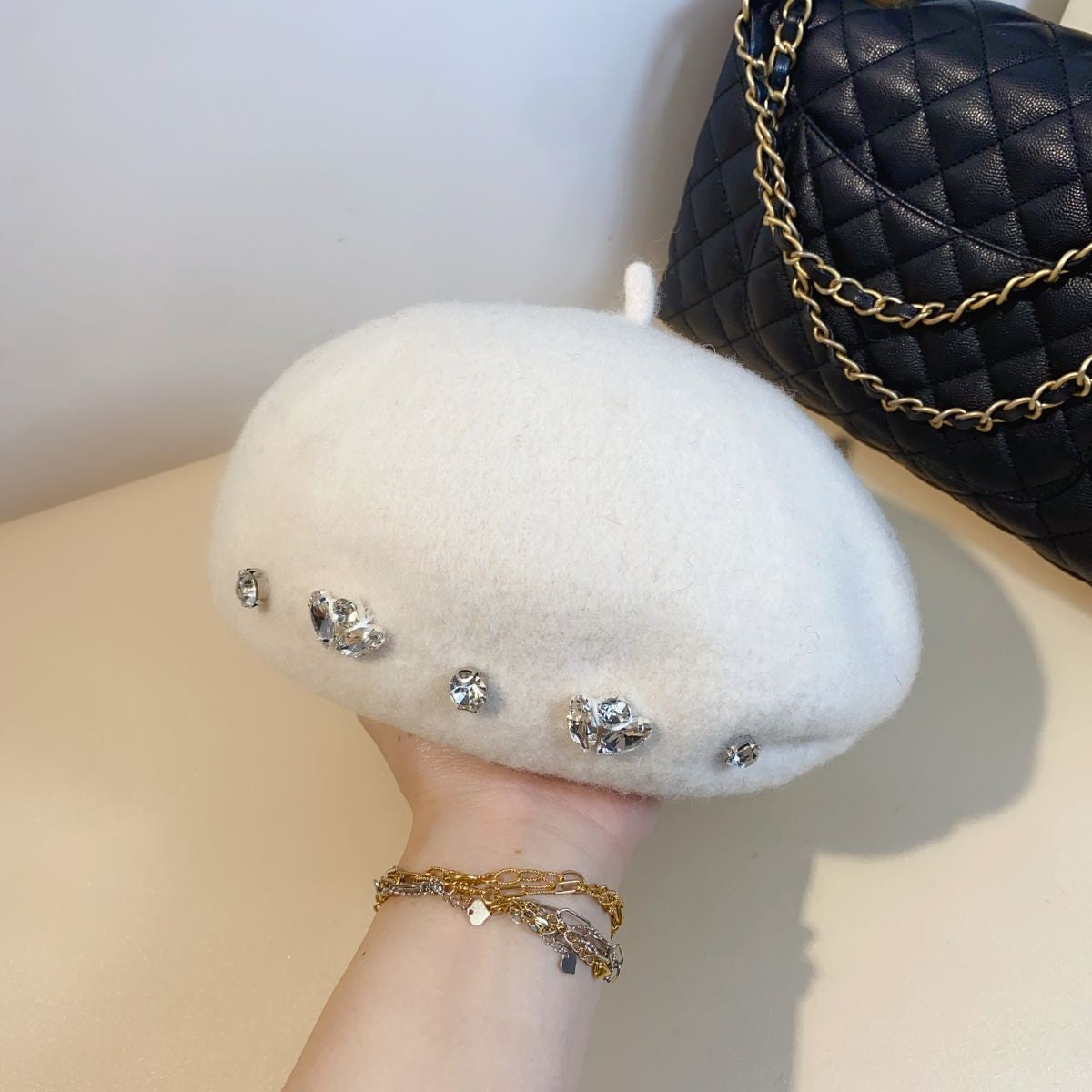 Women's Autumn And Winter British Rhinestone Wool Beret