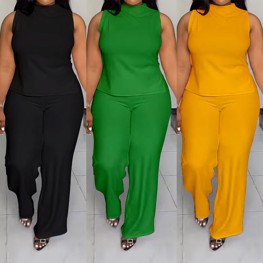Solid Color Casual Sleeveless Trousers Suit
