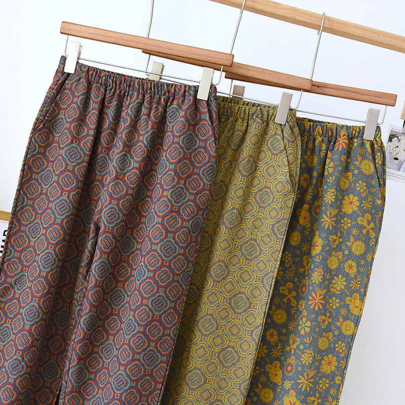 Women's Fashionable Vintage Yarn-dyed Closed Cotton Drawstring Trousers