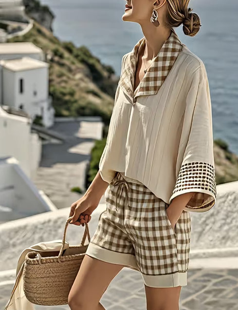 Women's Casual Loose Plaid Shorts Set