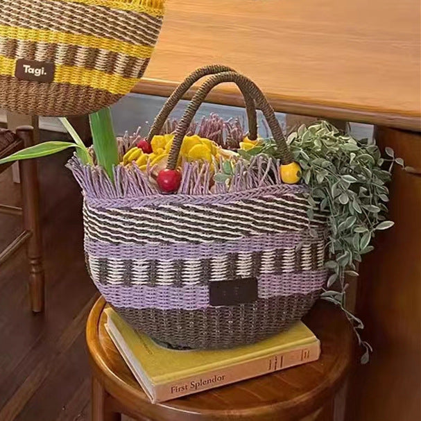 Picnic Basket Tassel Wooden Bead Decorative Cute Handbag Hand Woven