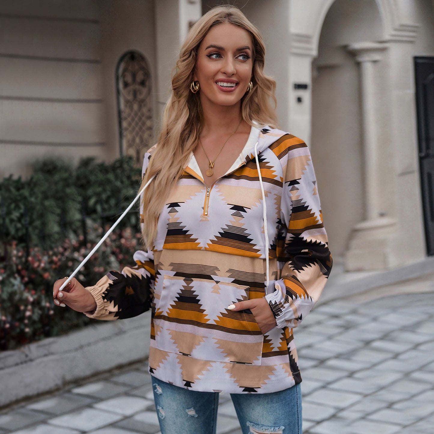 Women's Fashion Print Hooded Sweater Jacket