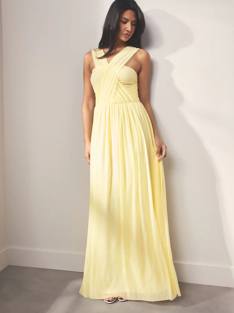 Pleated Solid-Colored Strap Three-Way Dress