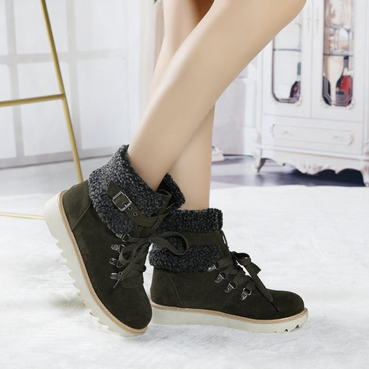 Women's Flanged Lace Belt Buckle Side Zipper Warm Snow Boots