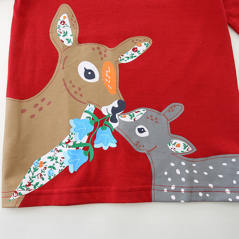Fashion Cartoon Deer Printed Crew Neck Top