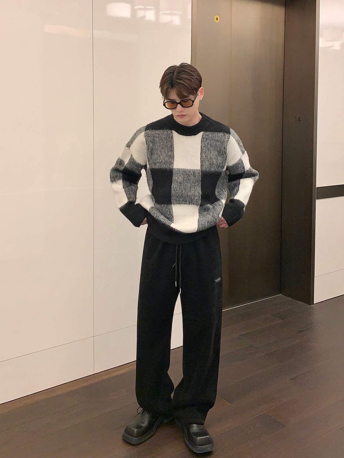 Plaid Color Contrast Crewneck Sweater Men Loose Winter Niche Fashion