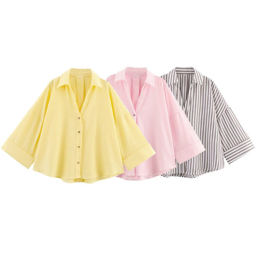 Women's Fashionable Slim-Fit Linen Multi-Color Striped Long-Sleeve Shirt