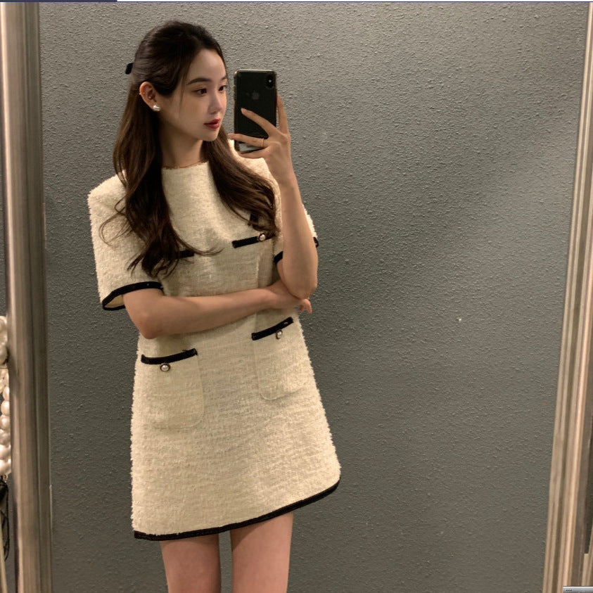 Contrast-color Patchwork Loose Casual Short-sleeve Tweed Dress