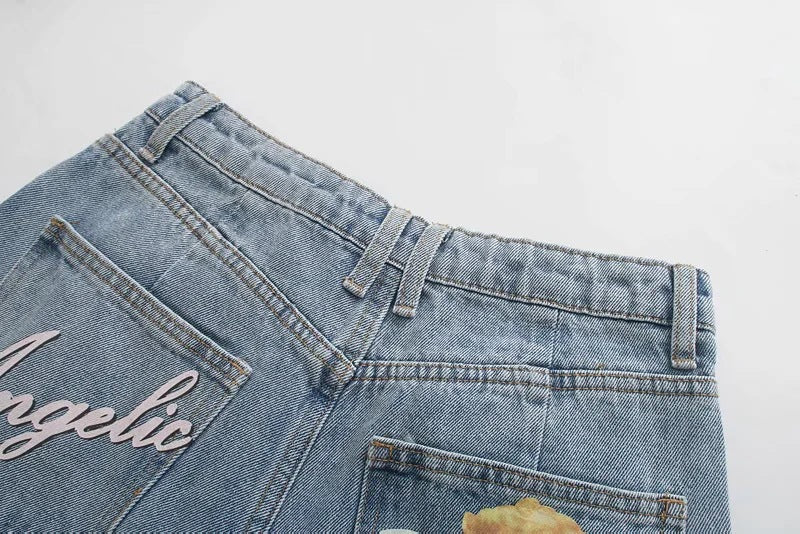 Female angel print loose and thin high waist all-match denim harem pants