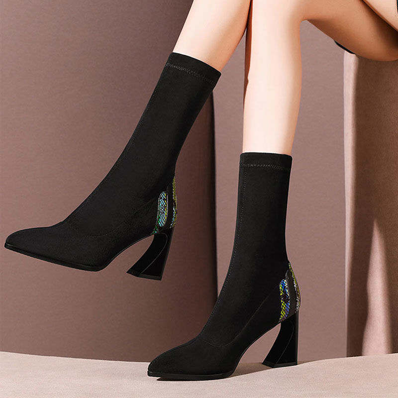 Women's Rhinestone Pointed Toe And Velvet High-heeled Ankle Boots