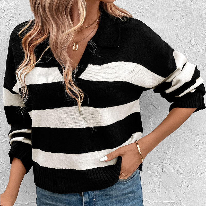 Langærmet stribet sweater med polokrave til kvinder