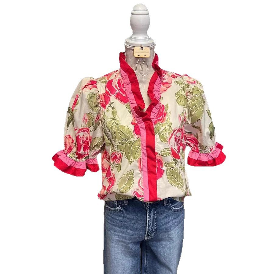 Womens Casual Loose-fitting Fashionable Color-block Printed Top