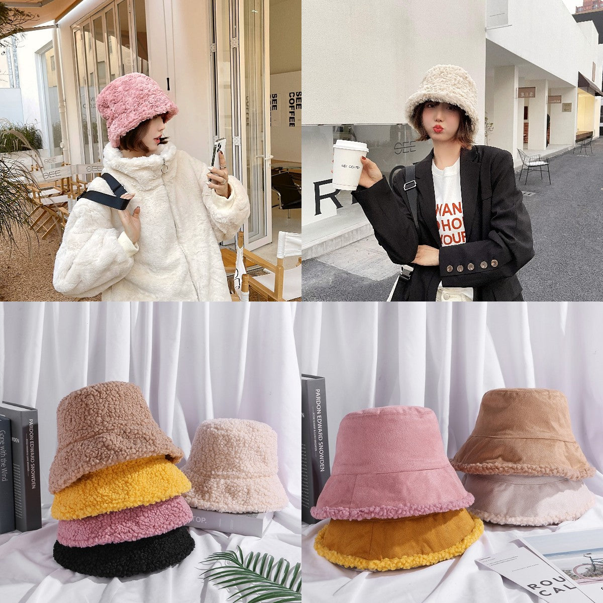 Women's Fashion Solid Color Double-sided Warm Lambswool Hat