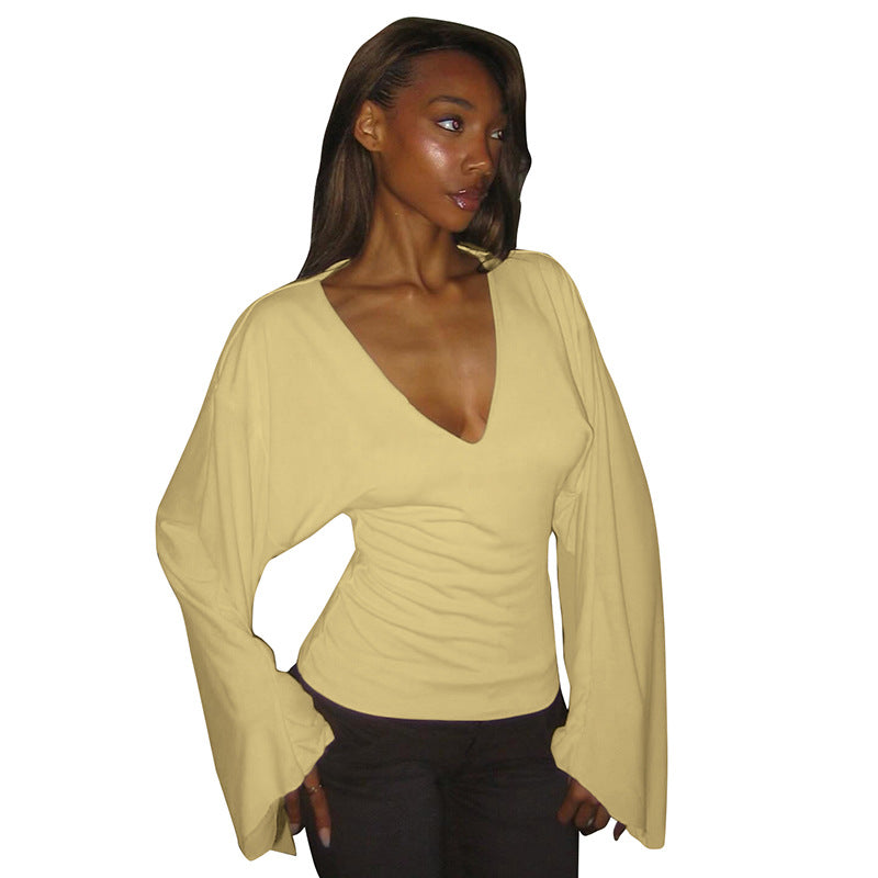 Summer And Autumn New Solid Color And V-neck Flared Long Sleeve Slim Fit