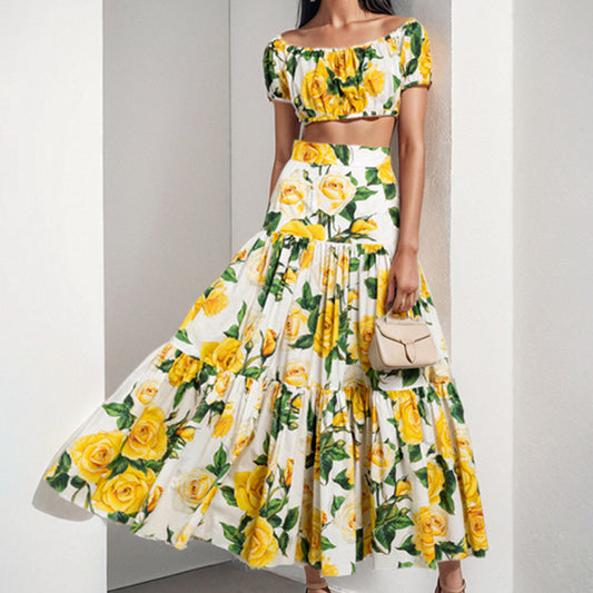 European And American Womens Elegant Sexy Printed Pleated Skirt Fashion Set