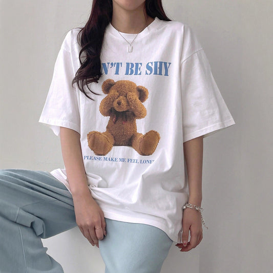 Loose-fitting Short-sleeve T-shirt With A Little Bear Print For Women Perfect For Summer